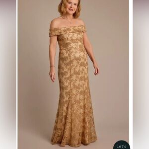 Oleg Cassini gold lace prom dress sz 14 formal ppageant off shoulder embellished